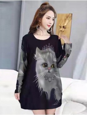 Ladies Cat Printed Knit Fashion Top 